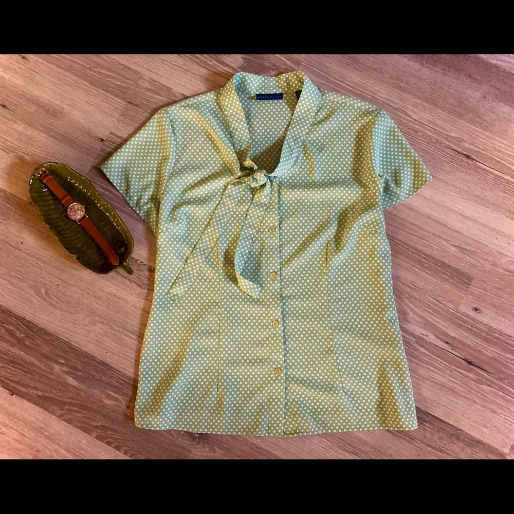 EUC! Lovely Green & White Polka Dot Bow Blouse 🌟 - Picture 3 of 6